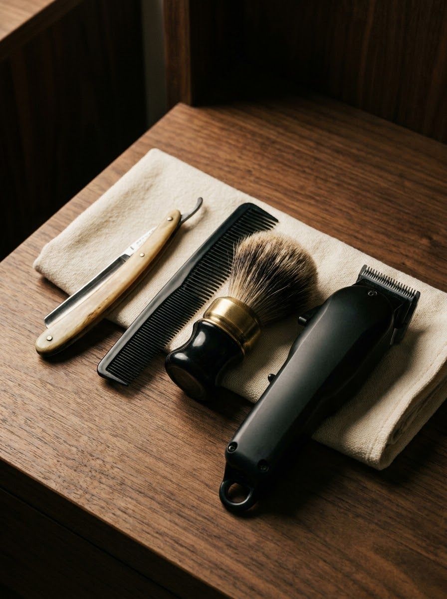 Navaja, brocha y máquina de barbería