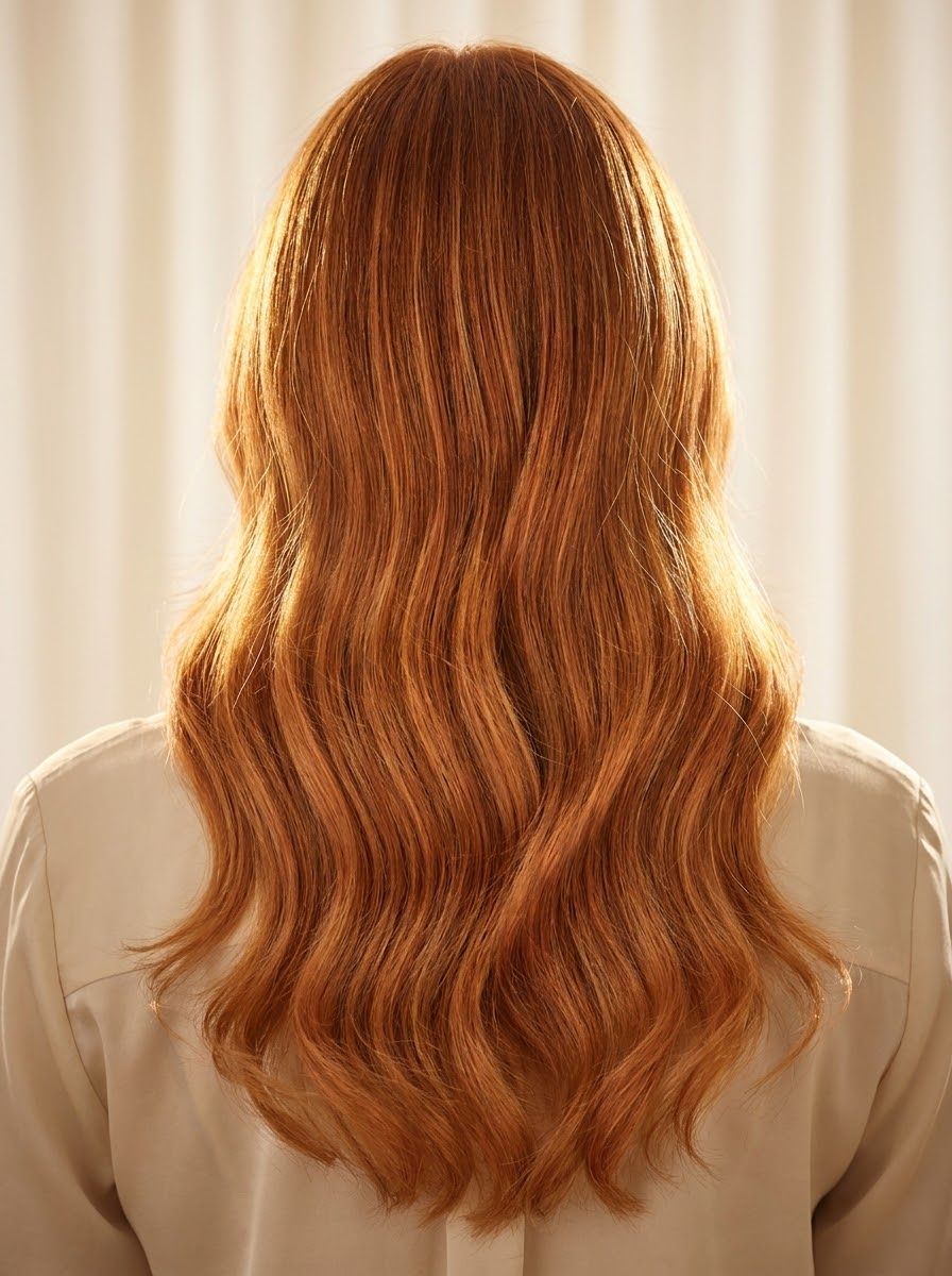 Cabello largo en cobrizo intenso con ondas