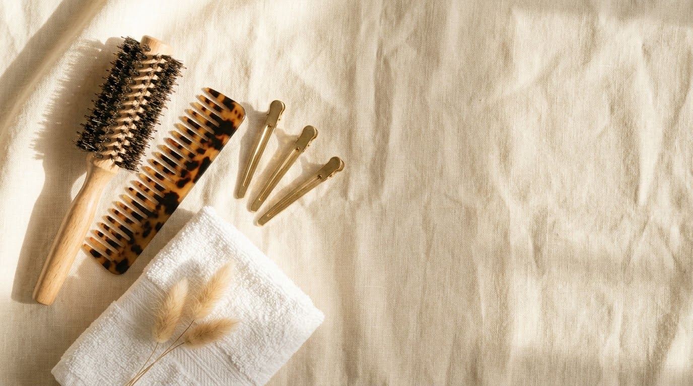 Tijeras, peines y cepillos de peluquería sobre el tocador